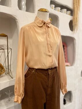Vintage Warm Beige Tie-Neck Button Up Long Sleeve Blouse - Women Retro Tops